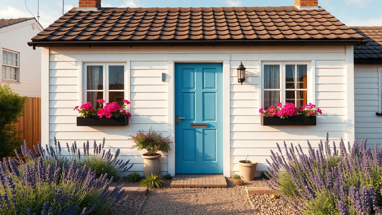 Whitewashed lane cottage tiny home design with garden Pure charm on the smallest possible plan white weatherboard, a bright blue. Images and Photos created by www.house-and-garden-designs.com