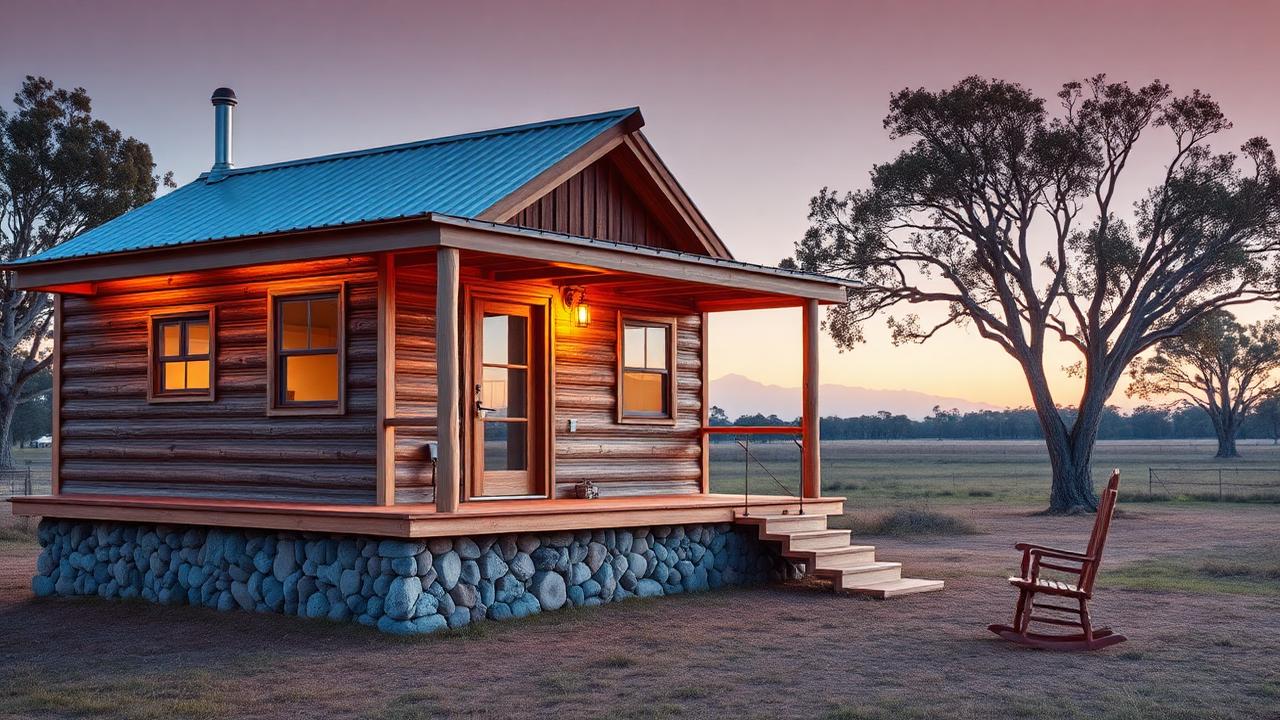 Rural veranda cabin on a stone plinth tiny home design with garden Reclaimed timber walls, a coloured tin roof and. Images and Photos created by www.house-and-garden-designs.com