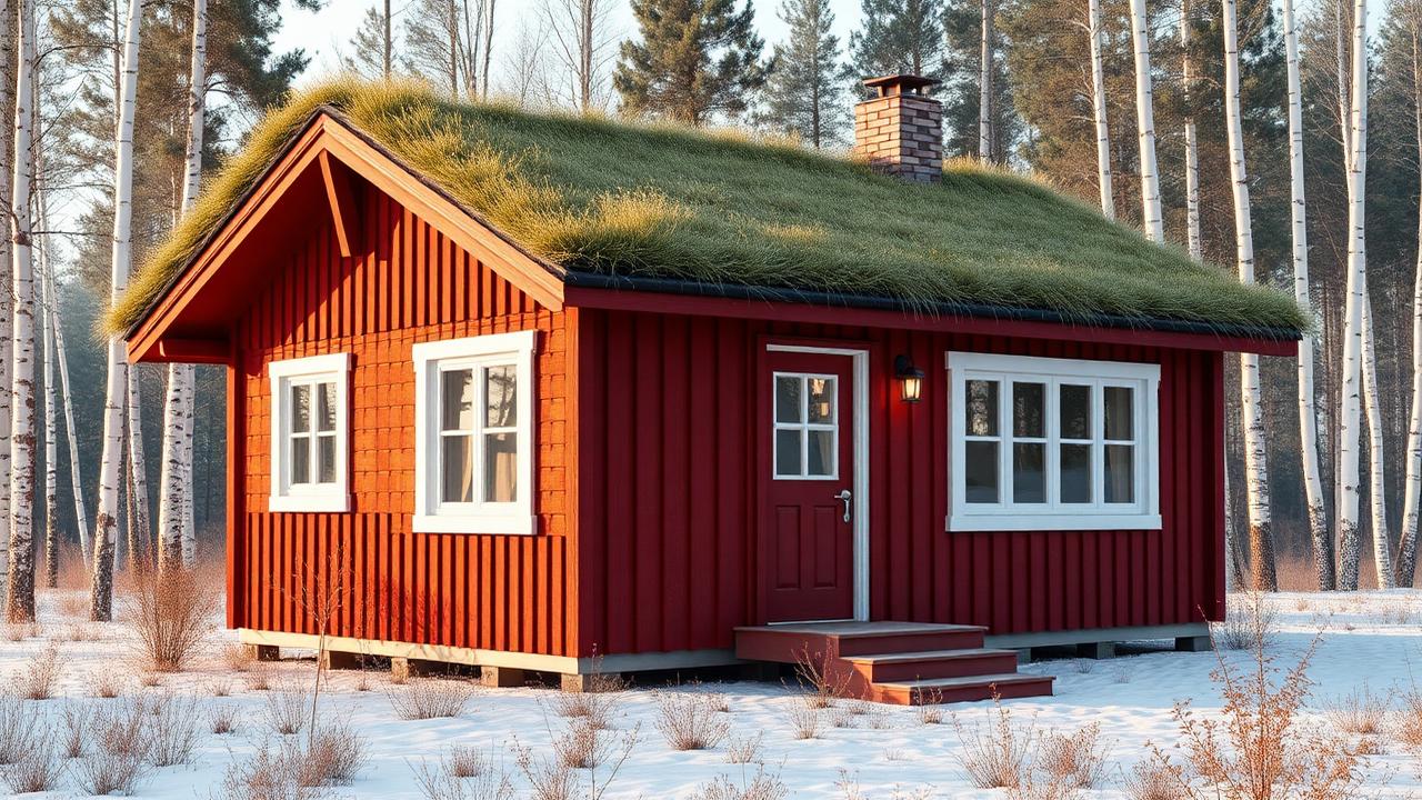 Scandinavian falu red with a turf roof tiny home design with garden Traditional deep-red painted boards, crisp white window frames. Images and Photos created by www.house-and-garden-designs.com