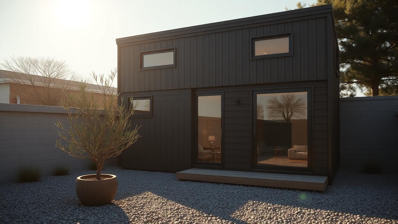 Charred timber courtyard micro house tiny home design with garden A flat-roofed, two-level micro house in black charred timber with. Images and Photos created by www.house-and-garden-designs.com