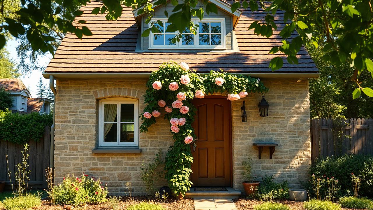 Stone cottage with a rose-covered door tiny home design with garden Coursed sandstone walls, a shingle roof and a single. Images and Photos created by www.house-and-garden-designs.com
