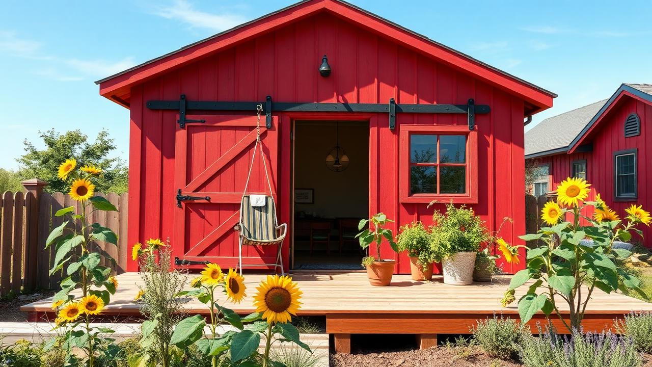 Red barn-door tiny house tiny home design with garden A barn language shrunk to tiny-home size: bold red cladding, black. Images and Photos created by www.house-and-garden-designs.com