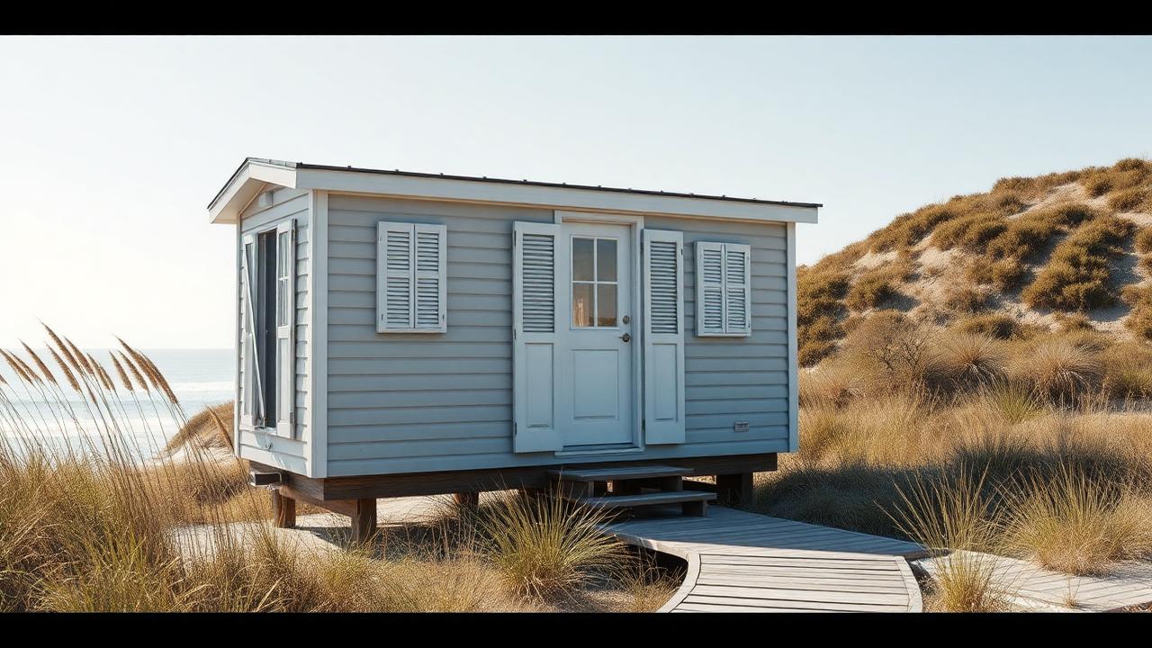 Coastal shutter cottage on piers tiny home design with garden Pale grey weatherboard with louvred shutters, lifted on short timber. Images and Photos created by www.house-and-garden-designs.com