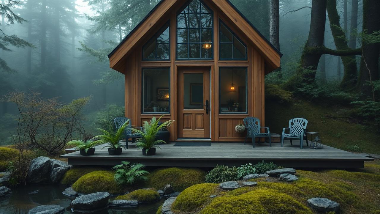 Glass-fronted A-frame by the pond tiny home design with garden The A-frame remains the most efficient tiny structure ever drawn. Images and Photos created by www.house-and-garden-designs.com