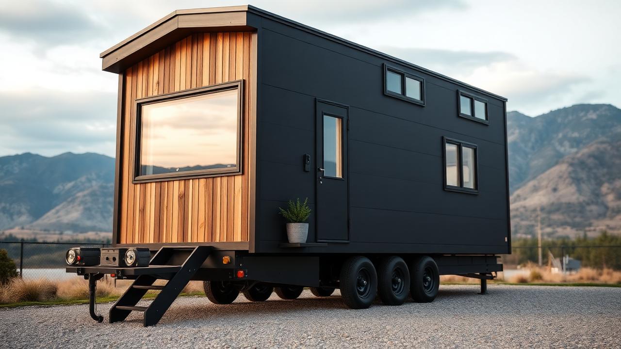 Modern towable on a mountain pad tiny home design with garden Matte black panels with a cedar-lined front bay, built. Images and Photos created by www.house-and-garden-designs.com