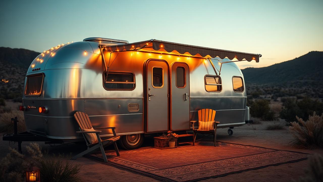 Restored silver caravan tiny home design with garden A polished aluminium caravan with a wind-out awning, an outdoor rug and. Images and Photos created by www.house-and-garden-designs.com