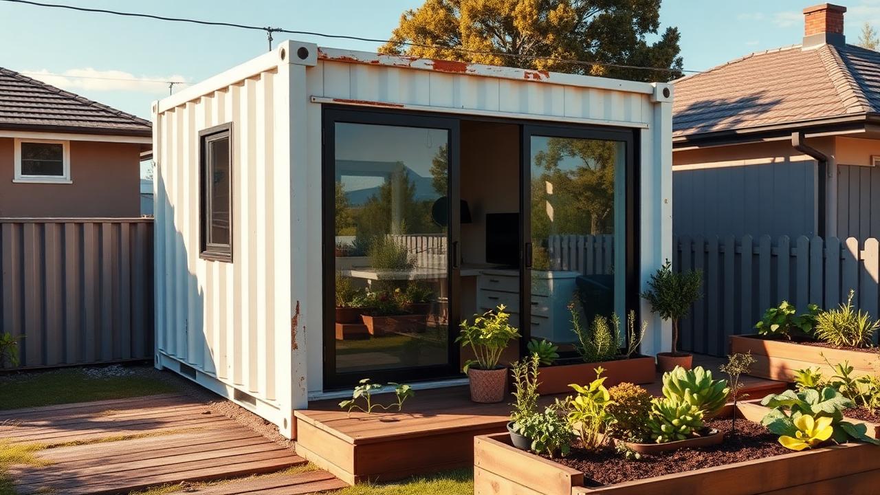 Shipping container garden studio tiny home design with garden A single 20-foot container with one long wall replaced by glass. Images and Photos created by www.house-and-garden-designs.com