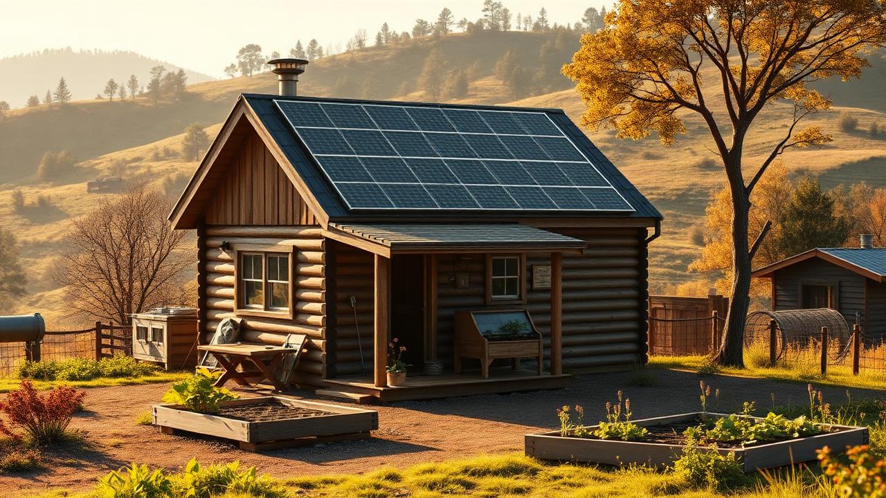 Off-grid solar homestead cabin tiny home design with garden A log-walled cabin with a full north-facing solar array, a rainwater. Images and Photos created by www.house-and-garden-designs.com