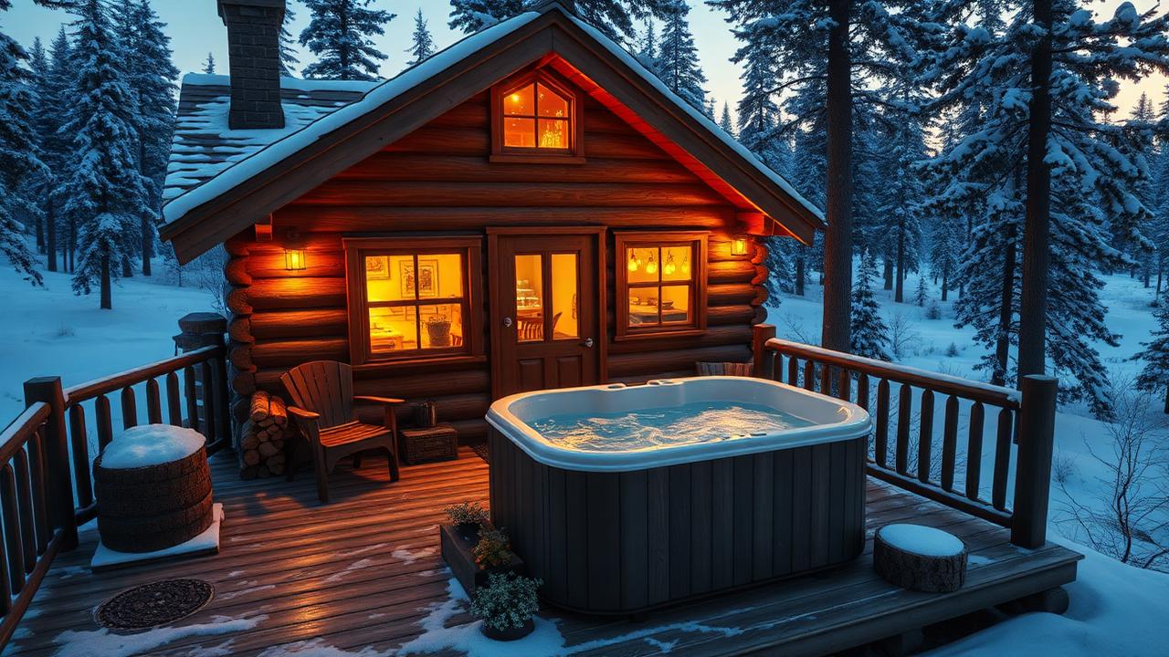 Snow cabin with a wood-fired tub tiny home design with garden Heavy log walls, a deep deck and a wood-fired. Images and Photos created by www.house-and-garden-designs.com