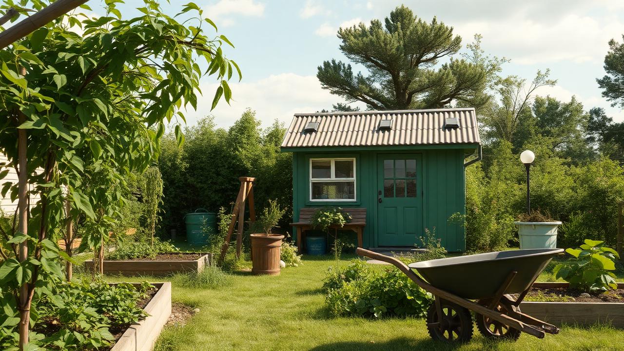 Green cabin in a vegetable garden tiny home design with garden A modest green-painted cabin with a tin roof, almost. Images and Photos created by www.house-and-garden-designs.com