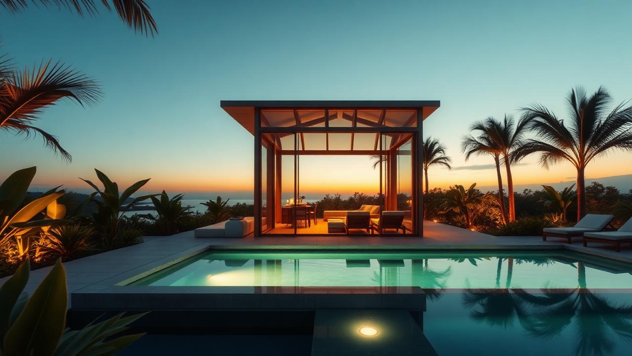 Luxury micro pavilion with plunge pool tiny home design with garden Small does not have to mean frugal. A bronze-framed. Images and Photos created by www.house-and-garden-designs.com