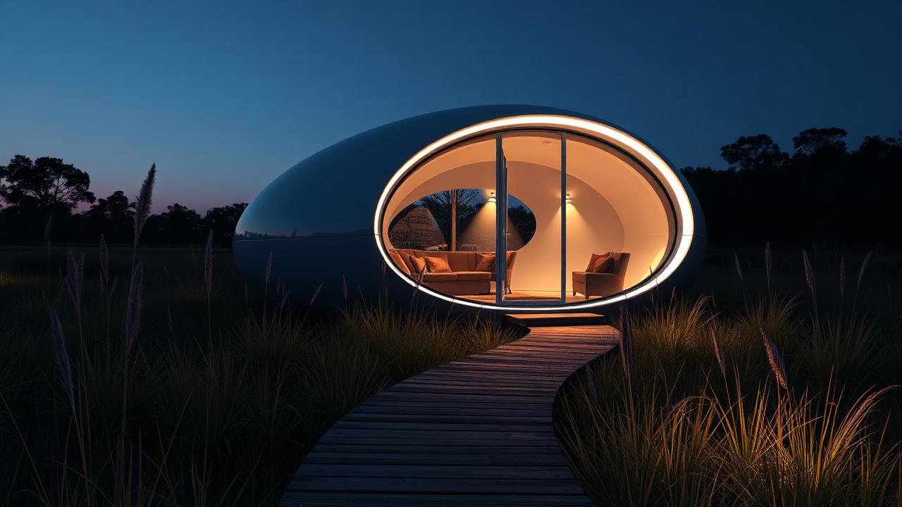 Future pod in native grassland tiny home design with garden A curved composite shell with a panoramic window and a. Images and Photos created by www.house-and-garden-designs.com