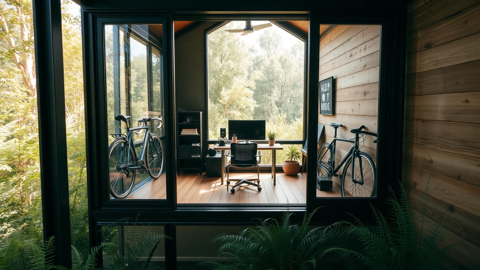 Remote-work studio cabin tiny home design with garden A black steel-framed cabin with the desk placed directly against a full. Images and Photos created by www.house-and-garden-designs.com