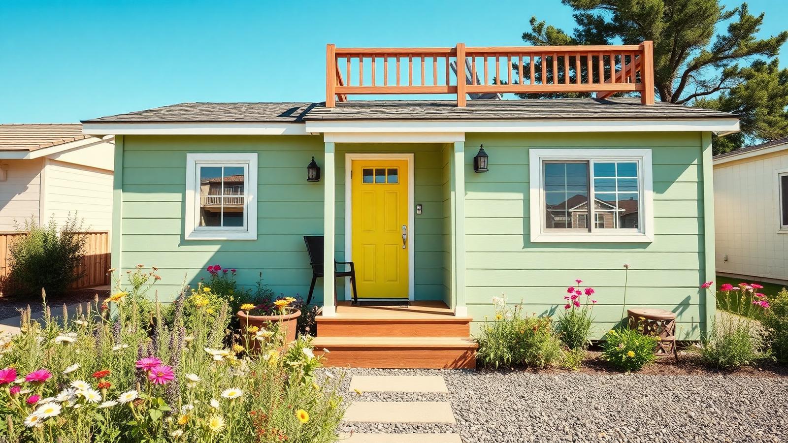 Sage cottage with a roof deck tiny home design with garden Soft sage weatherboard, a bright yellow door and a. Images and Photos created by www.house-and-garden-designs.com