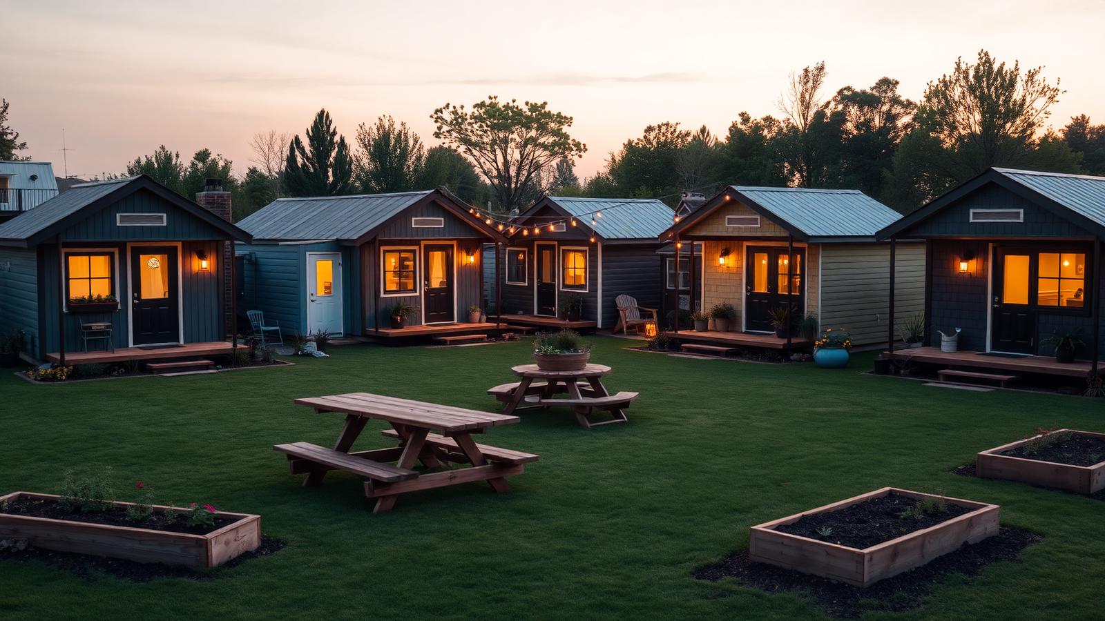 Shared-lawn tiny home village tiny home design with garden Five small cabins arranged around one lawn with picnic tables, festoon. Images and Photos created by www.house-and-garden-designs.com