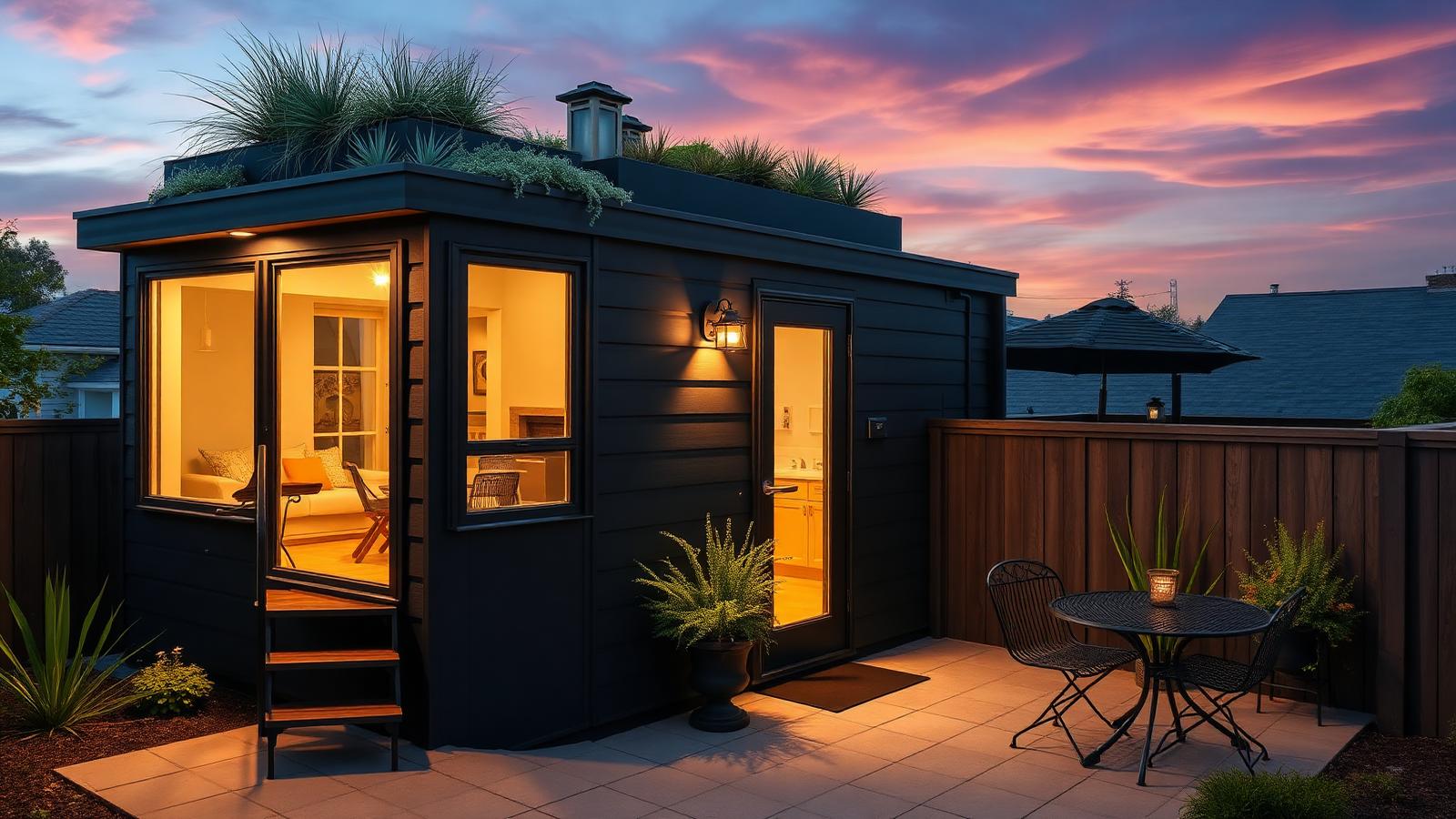 Green-roof courtyard micro house tiny home design with garden Dark grey cladding, an external stair and a planted roof of. Images and Photos created by www.house-and-garden-designs.com