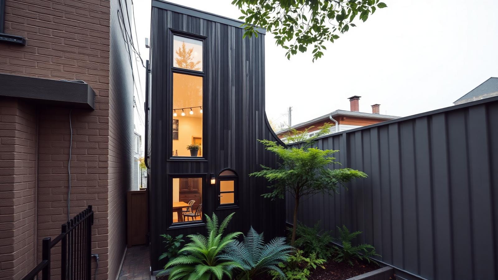 Skinny two-storey infill house tiny home design with garden Vertical charred timber, tall slot windows and two levels stacked on. Images and Photos created by www.house-and-garden-designs.com