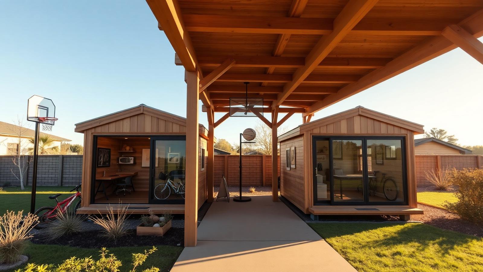 Paired student cabins with a breezeway tiny home design with garden Two matching micro cabins with study nooks behind glass. Images and Photos created by www.house-and-garden-designs.com