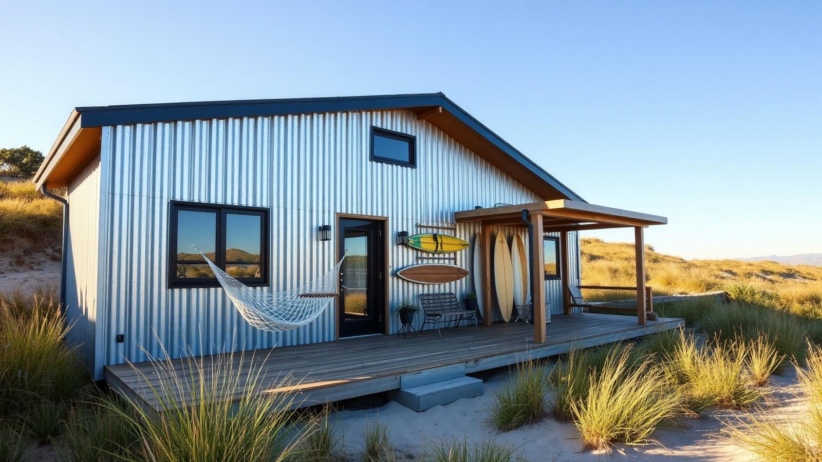 Corrugated coastal surf cabin tiny home design with garden Galvanised corrugated steel with blonde timber trim, a hammock strung across. Images and Photos created by www.house-and-garden-designs.com