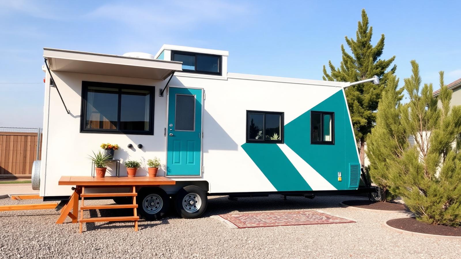 Graphic towable on a gravel pad tiny home design with garden A road-legal towable in white and deep teal with. Images and Photos created by www.house-and-garden-designs.com