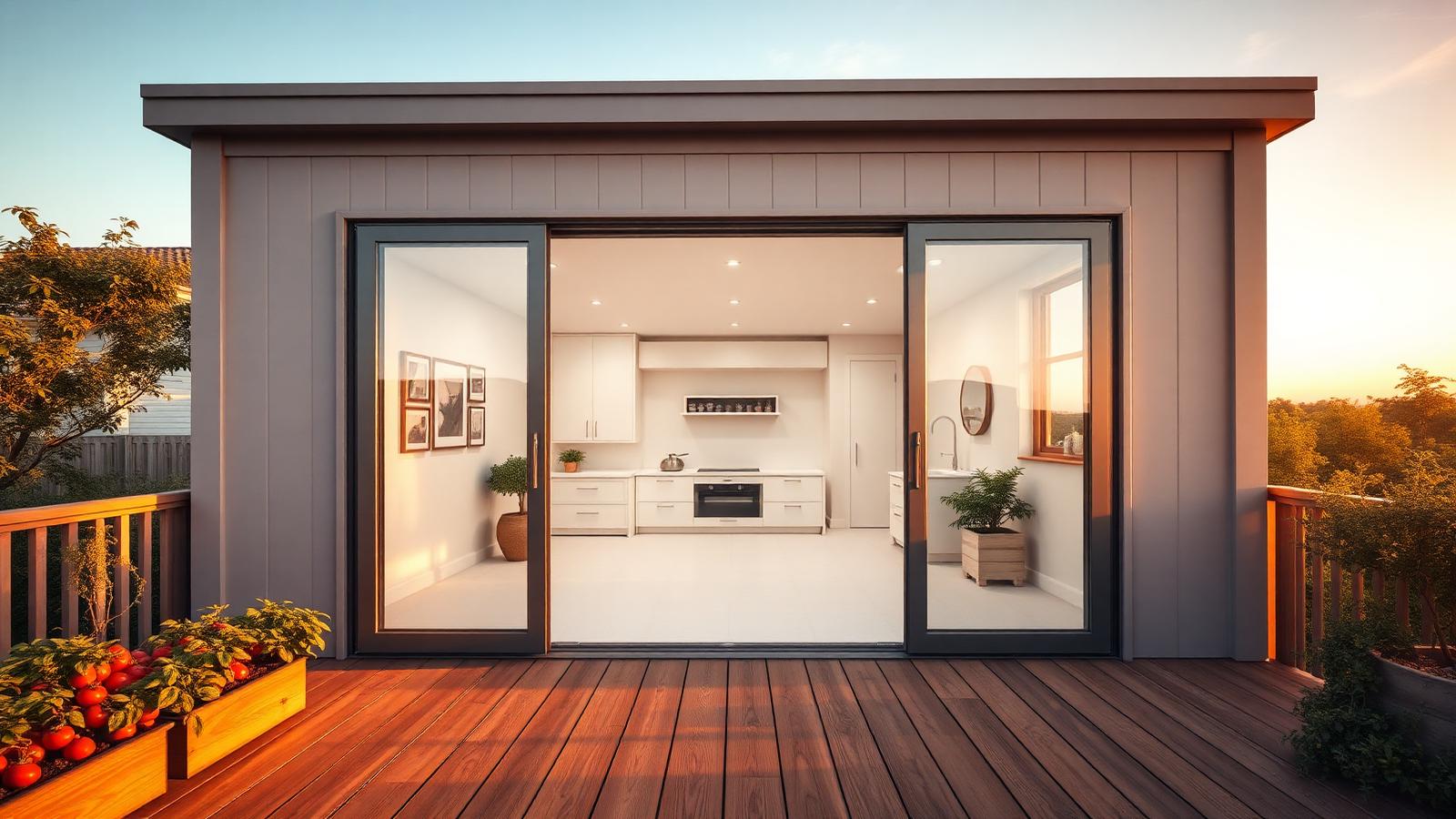Pivot-door indoor-outdoor tiny home tiny home design with garden A garage-style glazed door pivots up so the entire front wall. Images and Photos created by www.house-and-garden-designs.com