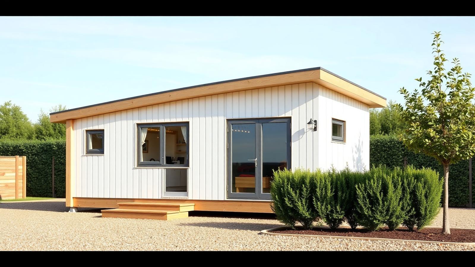 Flatpack prefab cabin tiny home design with garden A factory-built modular cabin in white panels with timber battens, craned onto. Images and Photos created by www.house-and-garden-designs.com