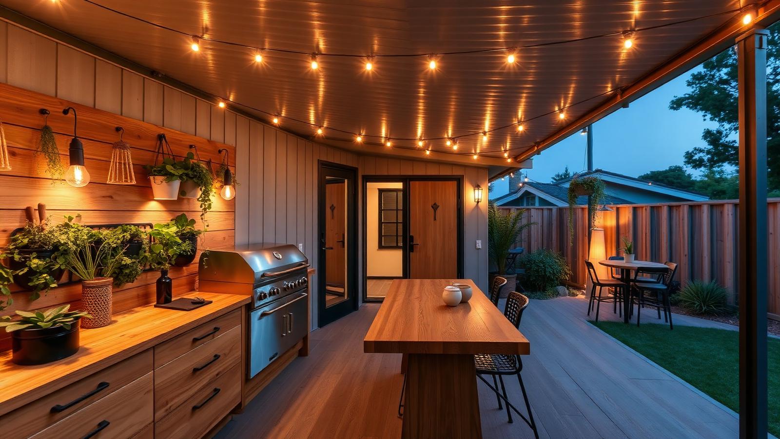 Outdoor-kitchen tiny home tiny home design with garden The kitchen bench runs outside along one wall timber top, small BBQ. Images and Photos created by www.house-and-garden-designs.com