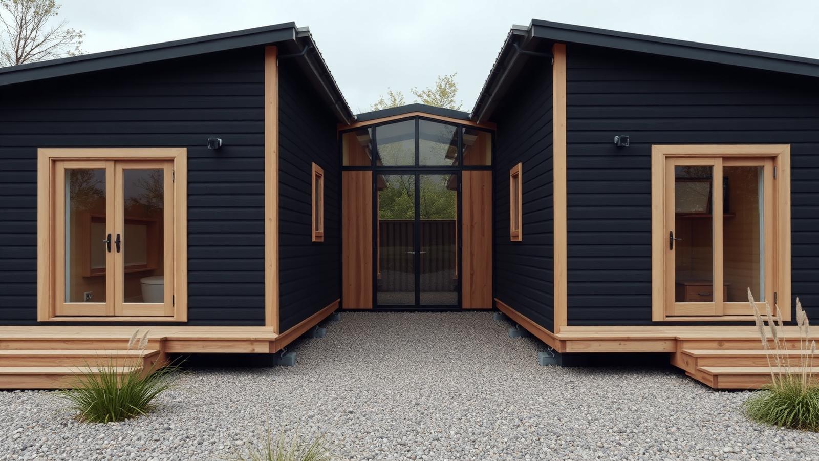 Linked pods with a glass connector tiny home design with garden Two dark-clad pods joined by a glazed link, one. Images and Photos created by www.house-and-garden-designs.com