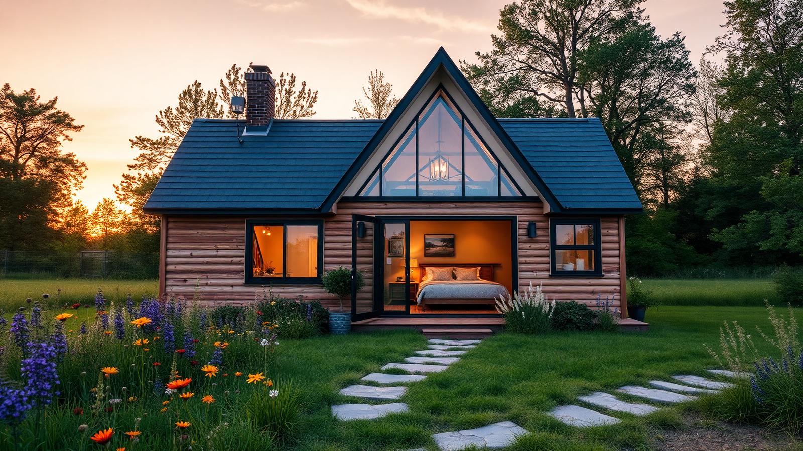 Glazed-gable meadow cottage tiny home design with garden A big triangular gable of glass with the loft bedroom sitting right. Images and Photos created by www.house-and-garden-designs.com