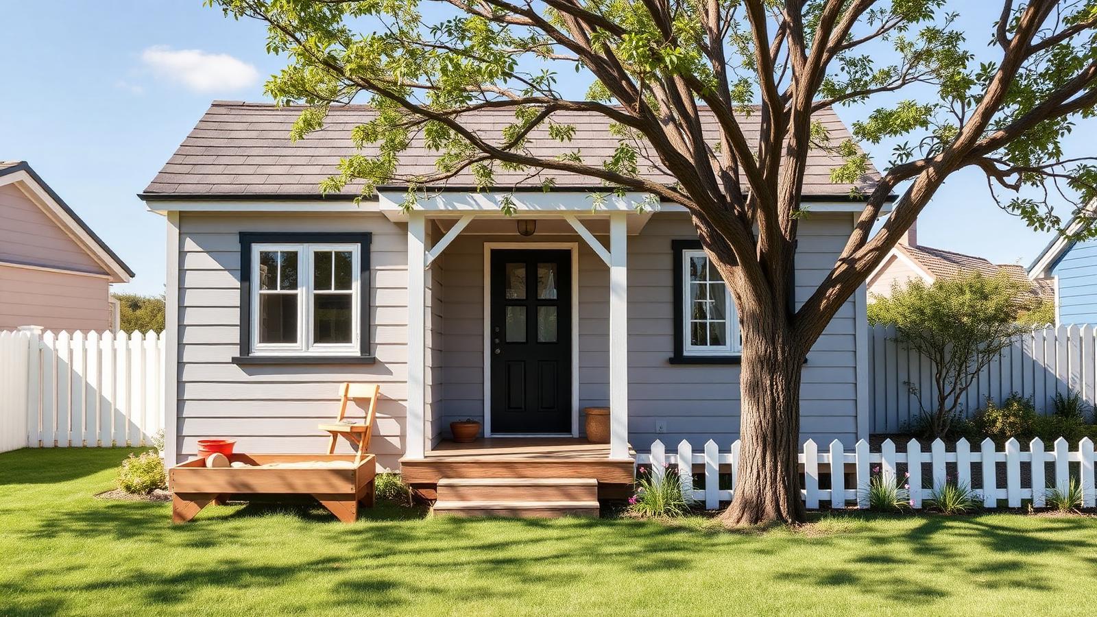 Young family cottage with a play yard tiny home design with garden Light grey cladding, a small covered porch and. Images and Photos created by www.house-and-garden-designs.com