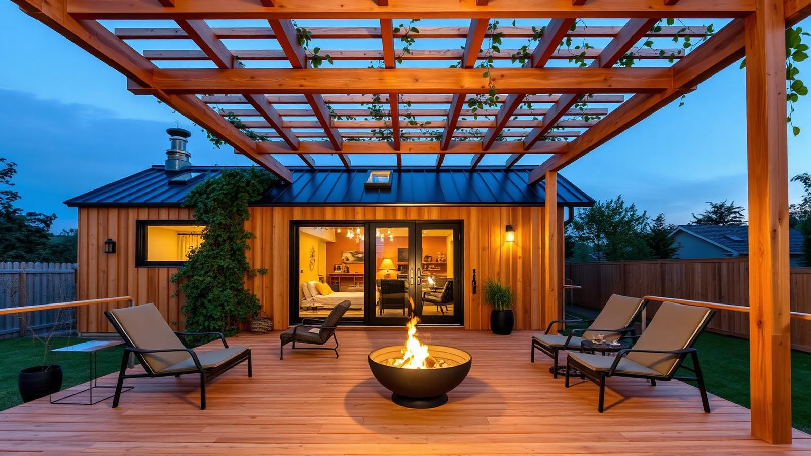 Cedar home under a slatted pergola tiny home design with garden Vertical cedar cladding with a full-width slatted pergola stretching. Images and Photos created by www.house-and-garden-designs.com