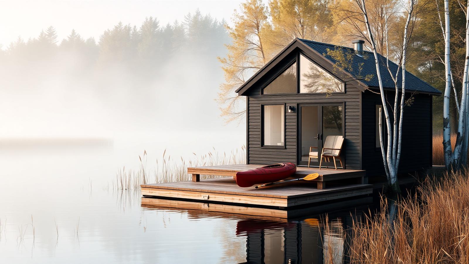Lake-edge cabin with a floating deck tiny home design with garden Black cladding, a large gable window and a low. Images and Photos created by www.house-and-garden-designs.com