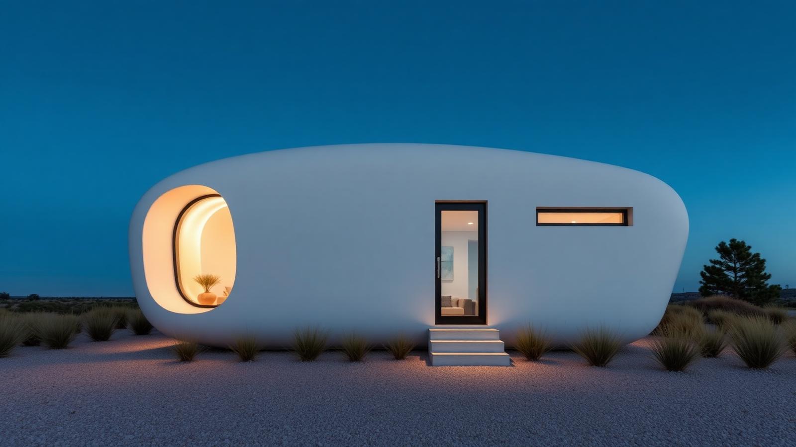 Curved-shell modern pod tiny home design with garden A moulded white shell with a ribbon window and concealed LED lighting. Images and Photos created by www.house-and-garden-designs.com