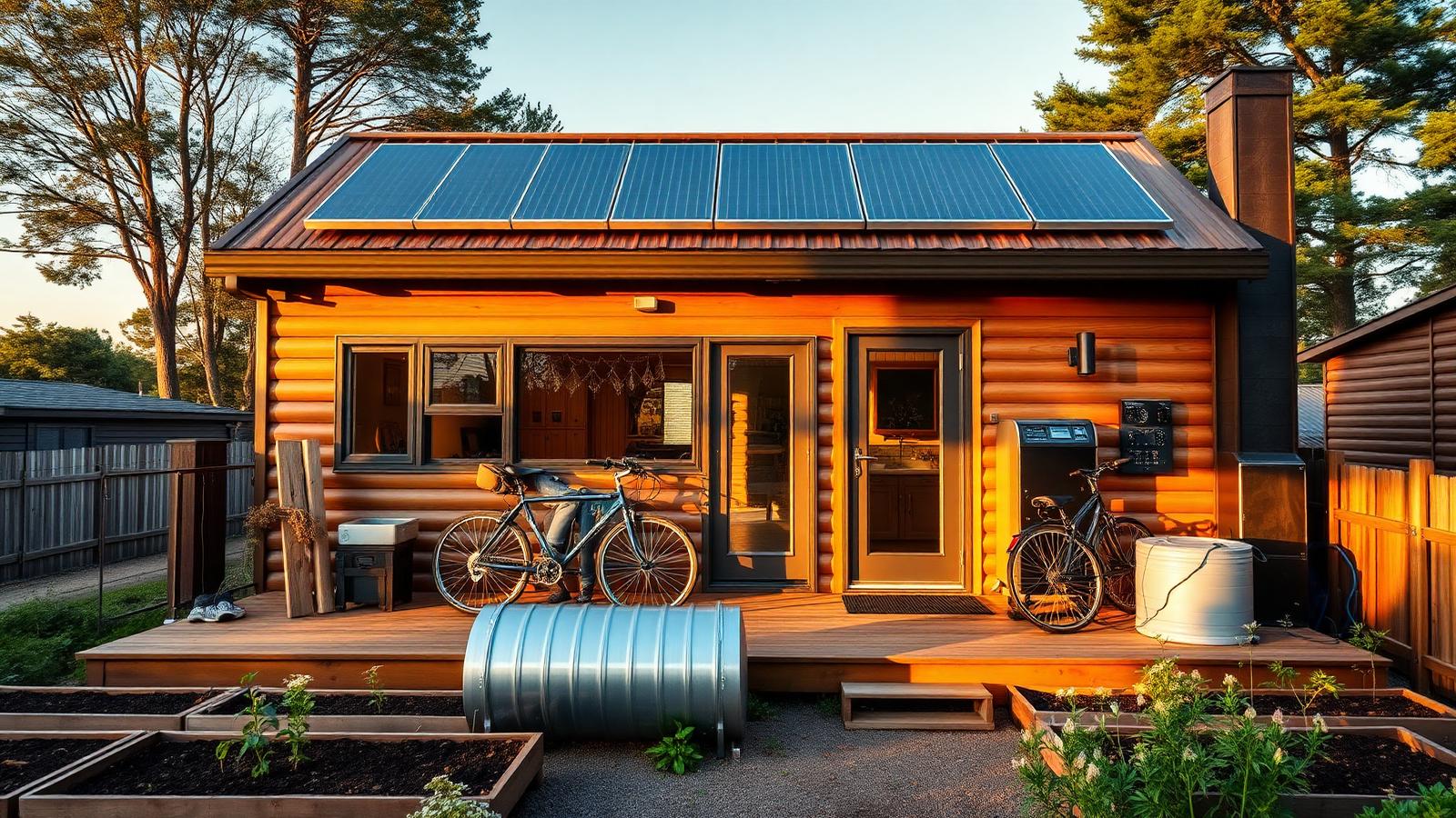 Solar and rainwater self-sufficient tiny home tiny home design with garden Warm timber walls, a full roof array, a battery. Images and Photos created by www.house-and-garden-designs.com