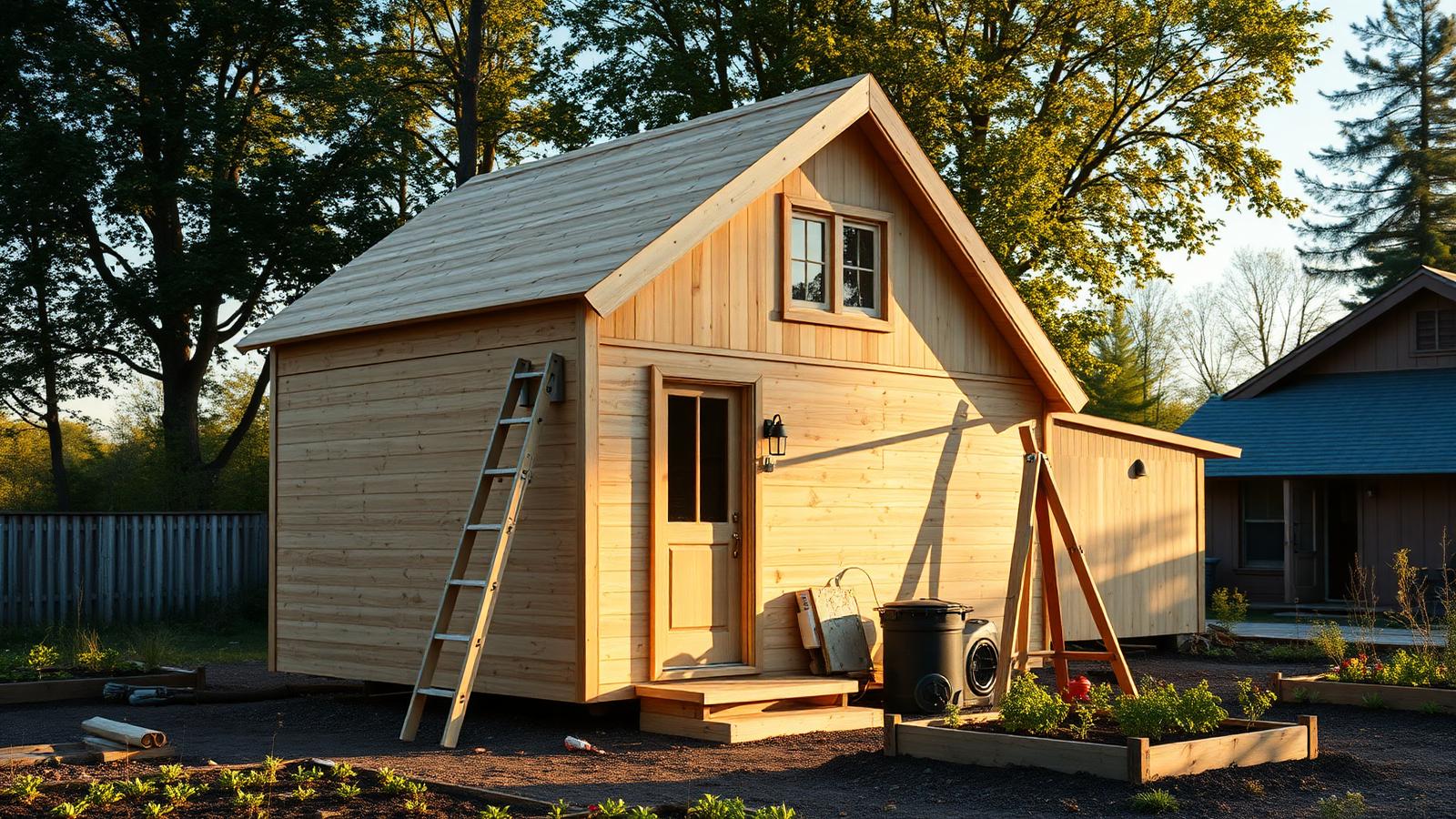 Owner-built timber cottage tiny home design with garden Simple gable, plywood and board cladding, a small loft window and a. Images and Photos created by www.house-and-garden-designs.com