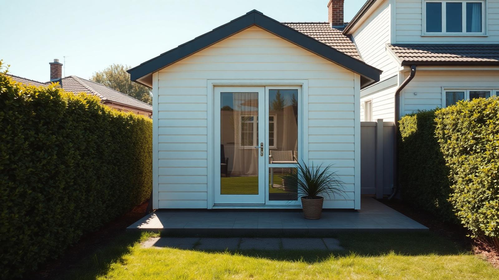 Backyard studio on family land tiny home design with garden A neat white studio at the rear of a suburban. Images and Photos created by www.house-and-garden-designs.com