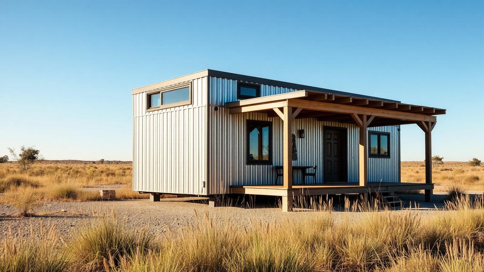 Budget kit home on a gravel pad tiny home design with garden Galvanised corrugated steel, a timber-framed verandah and a. Images and Photos created by www.house-and-garden-designs.com