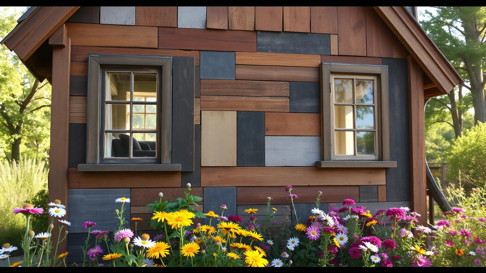Reclaimed materials cottage tiny home design with garden A patchwork facade of salvaged boards in mixed tones with second-hand windows. Images and Photos created by www.house-and-garden-designs.com