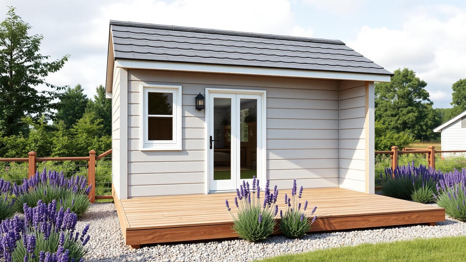 Skillion-roof budget cabin tiny home design with garden One pitch, one plane of roofing, a single window and a wide. Images and Photos created by www.house-and-garden-designs.com