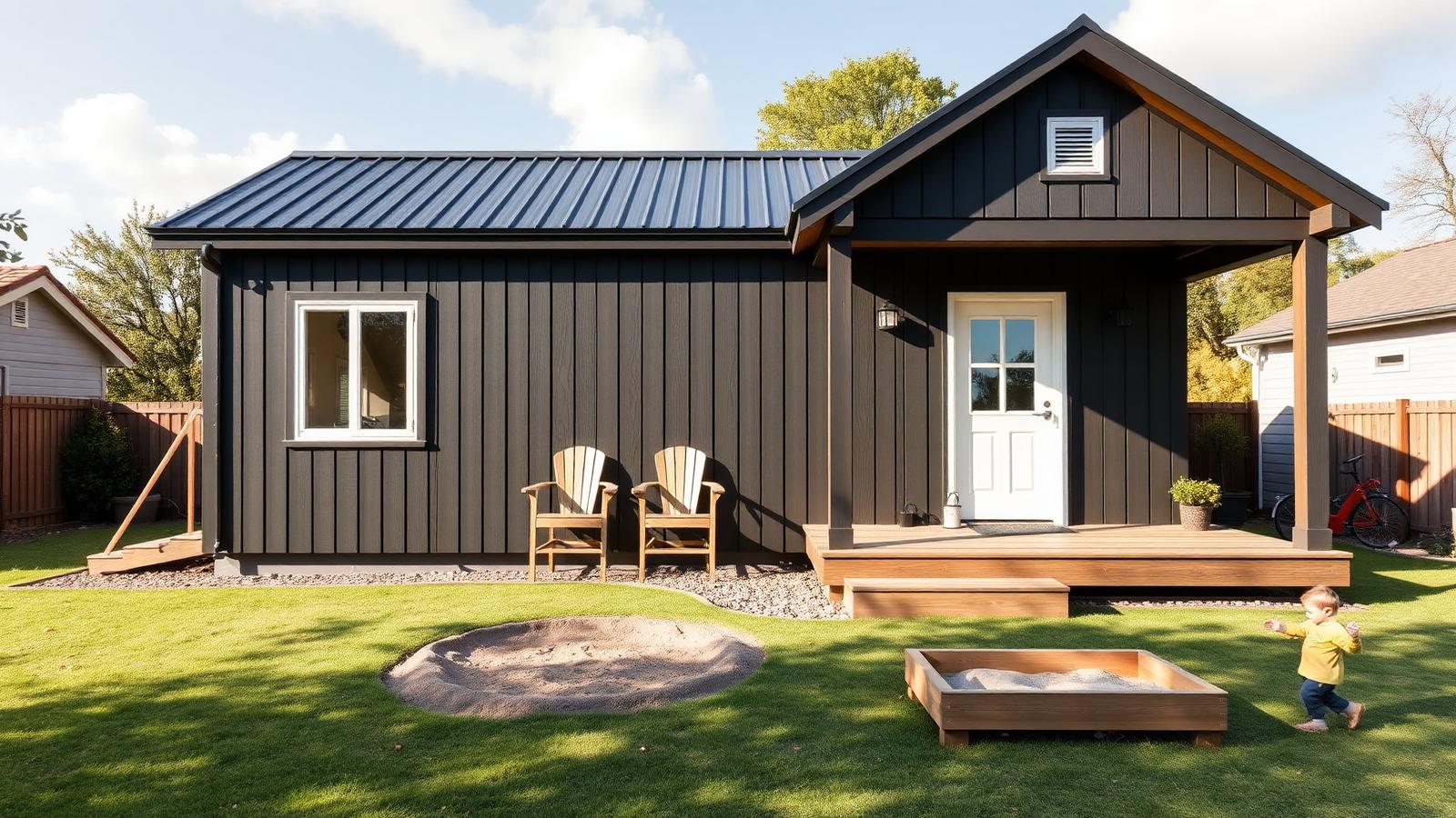 Two-bedroom family tiny home tiny home design with garden A longer footprint in dark board-and-batten with a covered porch, a. Images and Photos created by www.house-and-garden-designs.com