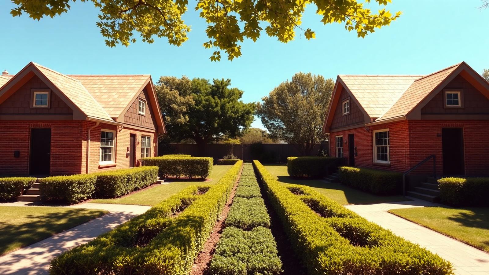 Two homes, one shared title tiny home design with garden Two matching brick-and-shingle cottages either side of a formal clipped. Images and Photos created by www.house-and-garden-designs.com