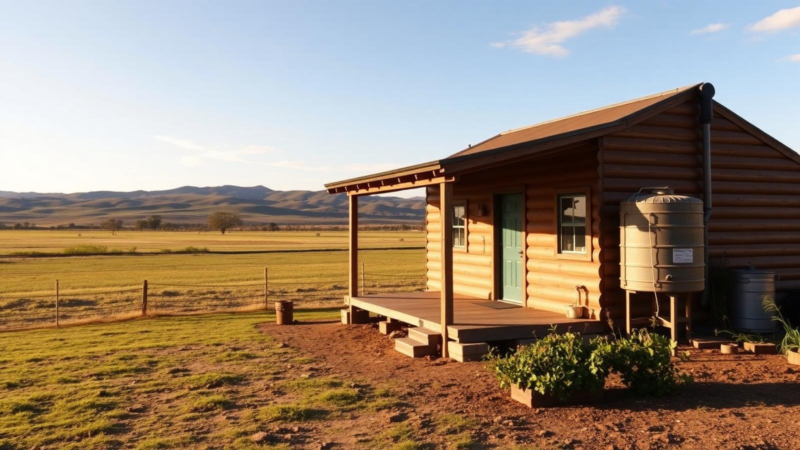 Cheap-acreage rural cabin tiny home design with garden A log-clad cabin with a wide verandah on an open rural block. Images and Photos created by www.house-and-garden-designs.com