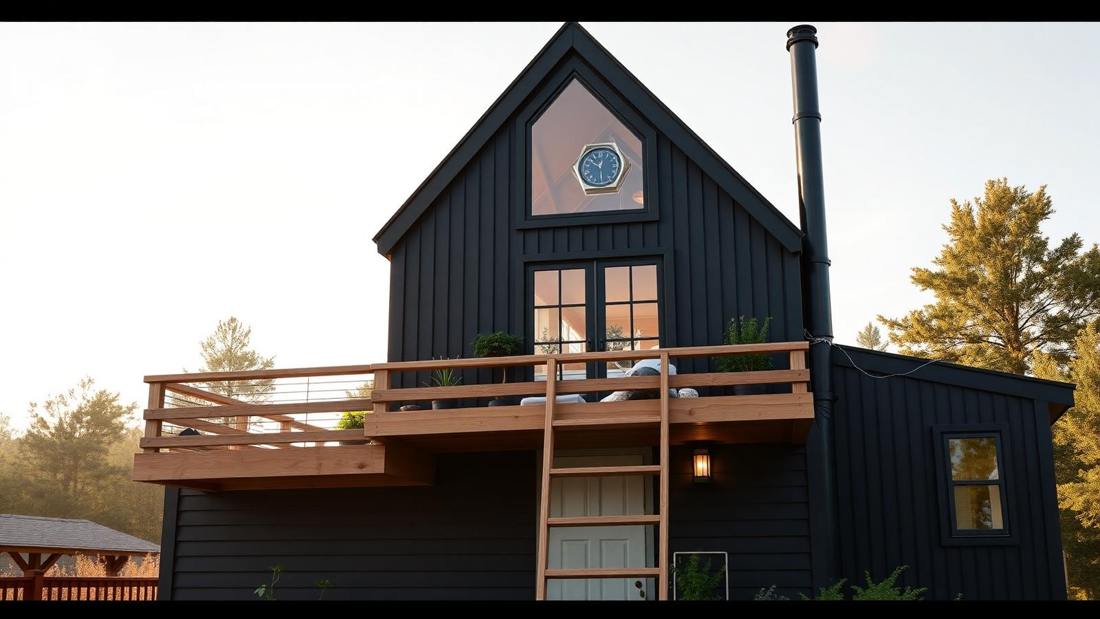 Loft-bed compact plan tiny home design with garden A tall dark gable with the sleeping loft behind glass, reached by. Images and Photos created by www.house-and-garden-designs.com