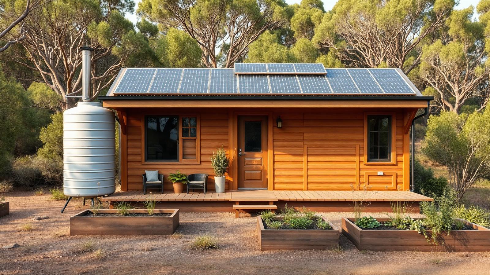 Off-grid home with no service bills tiny home design with garden Timber cabin with a full roof array, a rainwater. Images and Photos created by www.house-and-garden-designs.com