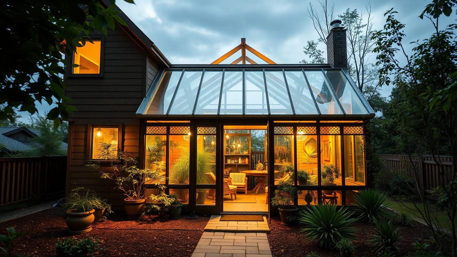 Greenhouse-front sunroom cabin tiny home design with garden A modest timber cabin with a polycarbonate and glass sunroom bolted to. Images and Photos created by www.house-and-garden-designs.com