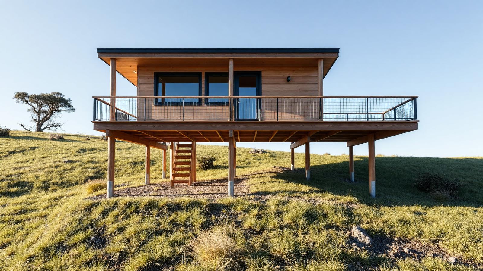Pole-frame home on screw piles tiny home design with garden A timber home lifted on poles and screw piles above. Images and Photos created by www.house-and-garden-designs.com
