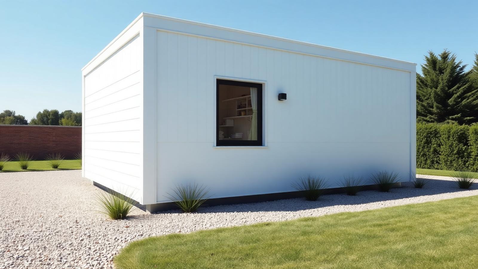 Insulated panel flatpack tiny home design with garden Crisp white structural insulated panels, minimal detailing and a single large window. Images and Photos created by www.house-and-garden-designs.com