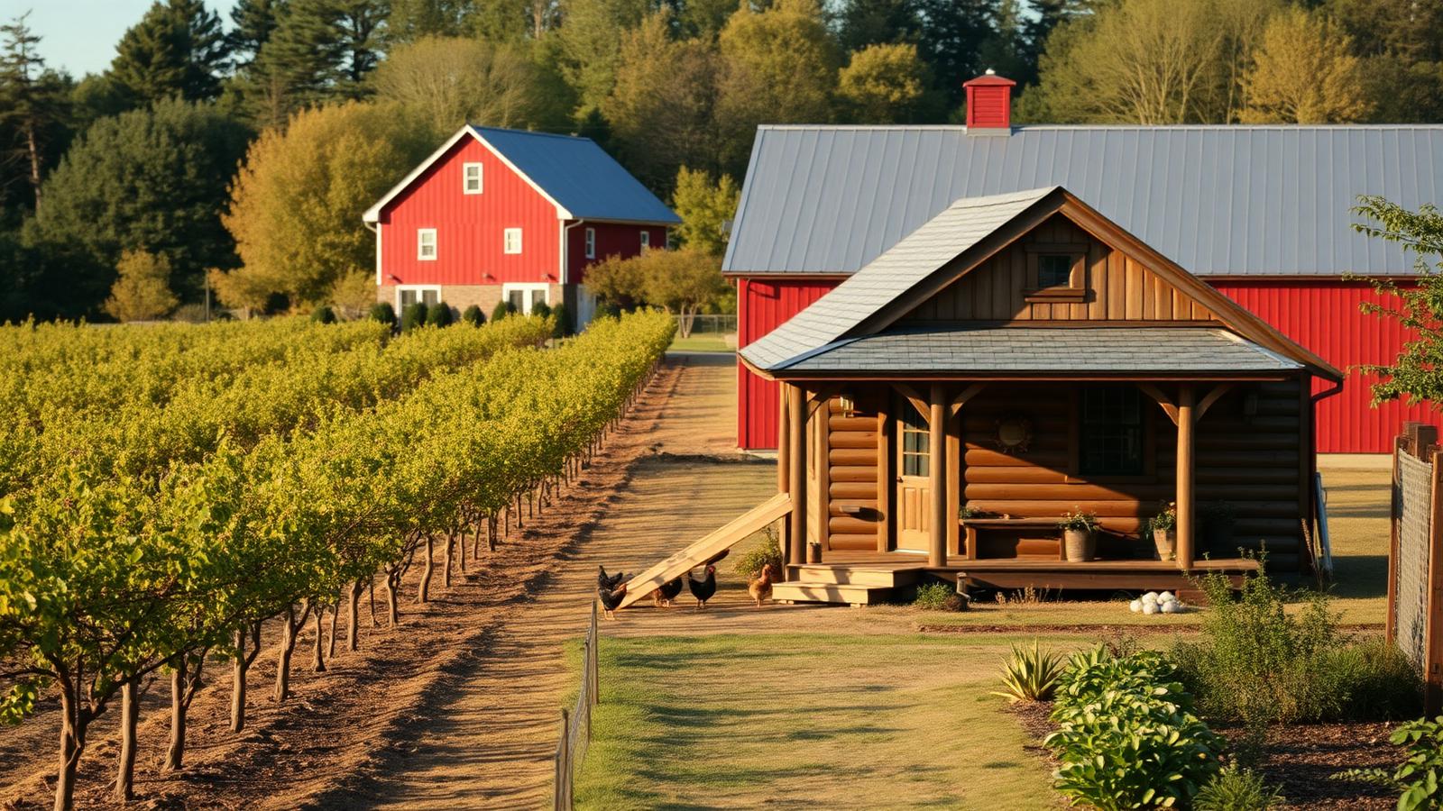 Farm-share cabin beside the orchard tiny home design with garden A log cabin with a deep porch sited between orchard. Images and Photos created by www.house-and-garden-designs.com