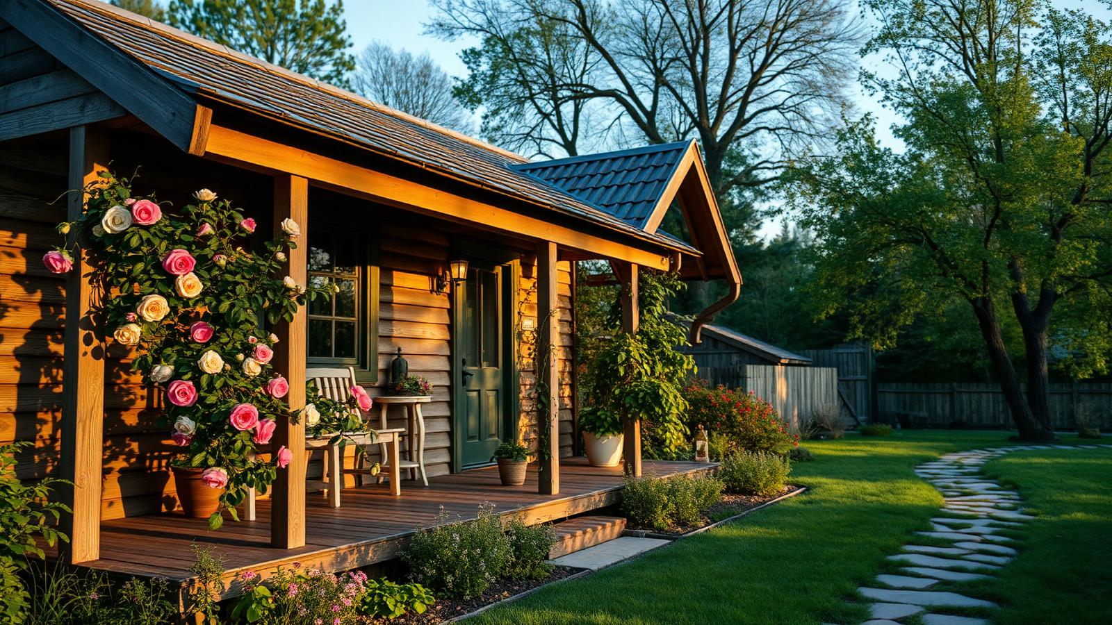 Paid-off cottage with a grown garden tiny home design with garden Weathered timber, climbing roses over the porch posts, a. Images and Photos created by www.house-and-garden-designs.com