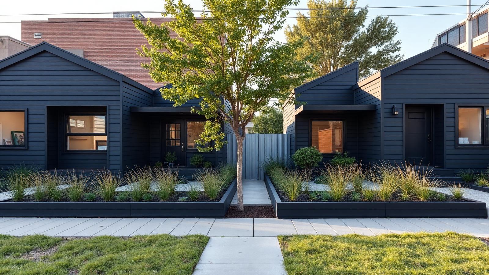 Four skinny infill homes on one lot tiny home design with garden Four narrow dark-clad houses side by side where. Images and Photos created by www.house-and-garden-designs.com